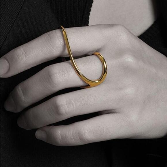 Gold Irregular Ring, Geometric, Two Finger Ring - Picture 2 of 4